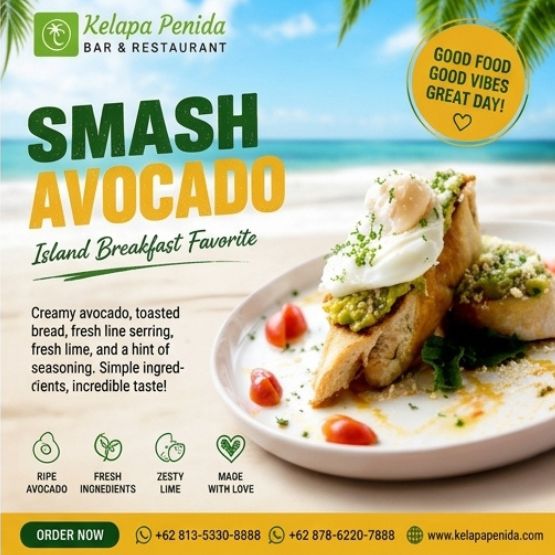 Smash Avocado — Alpukat Matang Segar, Telur Rebus & Roti Panggang