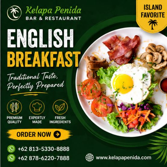 English Breakfast — Sarapan Lengkap, Telur, Sosis, Bacon & Tumis Jamur